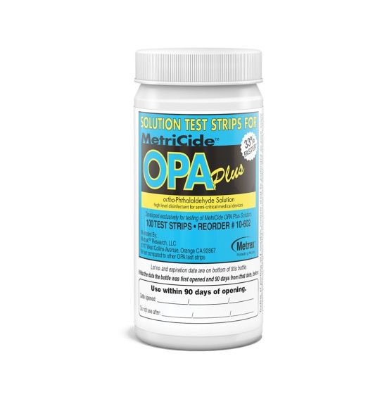 Strips Test OPA Concentration Indicator MetriCide™ OPA Plus Pad 100 Test Strips Bottle Single Use (100/BT 2BT/CS) by Metrex Research Corporation  ID 10-602